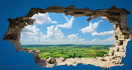 Wall Mural - Landscape through the hole in the wall, ai generated.