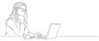 © sense - person in the office. Line art woman writing and study with help laptop.line art drawing of a woman. Business concept. Beautiful woman sits on the floor and holding laptop