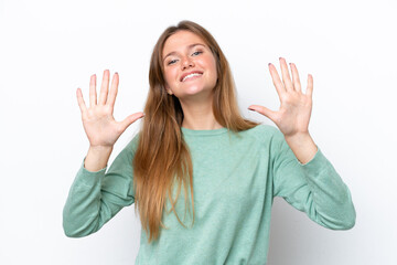 Wall Mural - Young caucasian woman isolated on white background counting ten with fingers