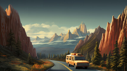 Wall Mural - Illustration of a car driving on a lonely road