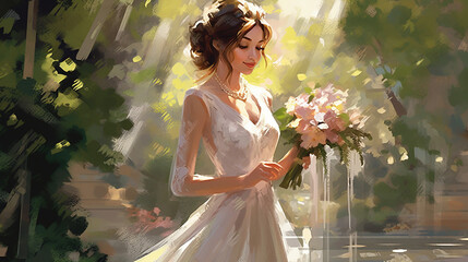 Classic illustration of a young bride woman in her wedding day 