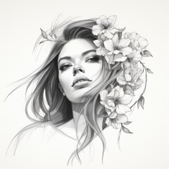 Wall Mural - Sketch for a tattoo. Pencil drawing of a beautiful girl