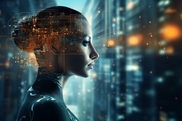 conceptual of artificial intelligence business smart person conbine with data code ai futuristic diagram gui hud double exposure with business woman shown in abstract people with futuristic graphic