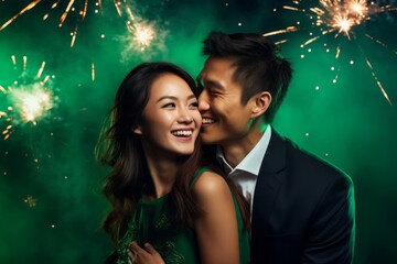 Photo of a happy Chinese couple celebrating Chinese New Year on an emerald-green background with fireworks.