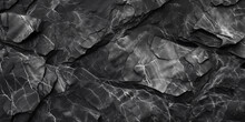 Black White Rock Texture. Dark Gray Stone Granite Background For Design. Rough Cracked Mountain Surface. 