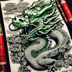 Wall Mural - green chinese dragon drawing in traditional style