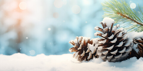  pinecones on snow surface against blurred snowy background