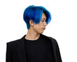 Portrait of a man with bright colored flying hair, all shades of blue. Hair coloring.Hair fluttering in the wind. Teen age with short hair. Professional coloring.