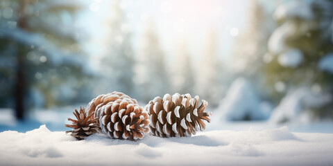  closeup shot of pinecones on snow surface with blurred snowy background