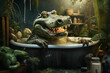 Crocodile snorts a line of powder in a bathtub