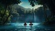 AI illustration. Couple on their backs bathing in a lake in a tropical forest. Landscape, nature.