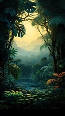  Vertical AI illustration. Lush tropical forest with palm trees, vegetation and a river. Nature.