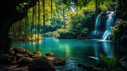 Horizontal AI illustration. River with waterfall in a tropical forest. Concept landscapes, nature.