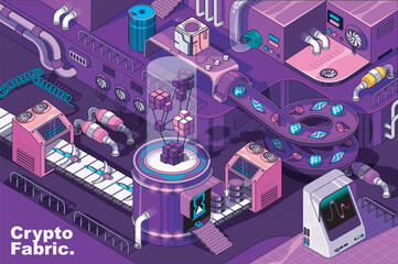 Leinwandbilder - Crypto mining web concept in 3d isometric design. Cryptocurrency virtual farming, online trading coins. Abstract fabric production line in isometry graphic for corporate poster. Vector illustration.