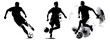 Group of soccer players playing soccer together, athletic male athletes silhouettes, black and white vector decorative graphics