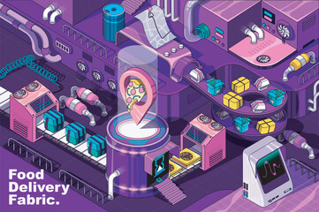 Fototapete - Food delivery web concept in 3d isometric design. Fast courier shipping pizza orders to home location. Abstract fabric production line in isometry graphic for corporate poster. Vector illustration.