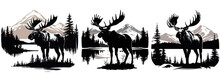Silhouette Of A Moose Against The Background Of The Forest And Mountains, Black And White Vector Graphics
