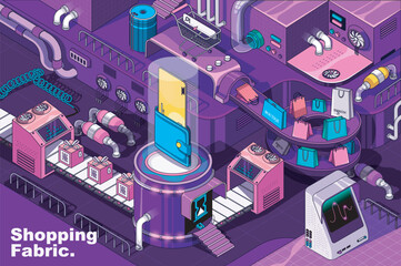 Fototapete - Shopping web concept in 3d isometric design. E-commerce and retail purchases, sales and discount prices. Abstract fabric production line in isometry graphic for corporate poster. Vector illustration.