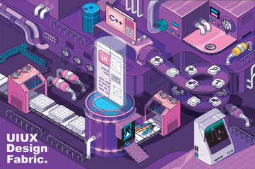 Leinwandbilder - UI UX design web concept in 3d isometric design. App layouts and mobile interface templates development. Abstract fabric production line in isometry graphic for corporate poster. Vector illustration.