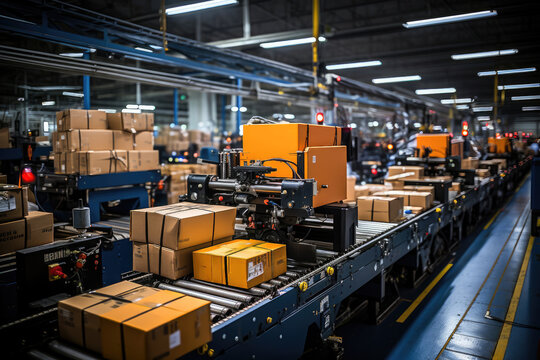 Conveyor belt in a warehouse, efficiently transporting packaged boxes for shipping in an industrial setting.