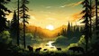 Illustration of a family of bears walking on nature near of a river at sunset in nature - World Environmental Education Day concept