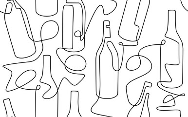 Seamless pattern with continuous line drawing bottles. Background with Wine, Champagne. Vector illustration.