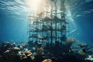 Wall Mural - Underwater view of coral reef with fishes and man on scaffolding, underwater scene with reef. underwater world concept, Fish underwater illuminated by sunlight