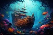 Underwater scene with pirate ship and coral reef, 3D rendering, Ocean underwater landscape with sunken sailing ship, seaweed and reef, Sunken pirate ship on sea