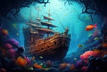 Underwater Scene With Pirate Ship And Coral Reef, 3D Rendering, Ocean Underwater Landscape With Sunken Sailing Ship, Seaweed And Reef, Sunken Pirate Ship On Sea