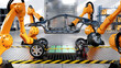 Assembly line in electric car factory with battery cells and industrial robotic arms, 3D rendering.