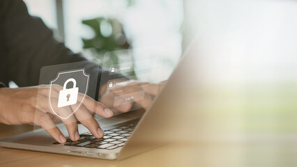 Fototapete - The concept of cyber security and online password login. hands typing and entering a social media username and password, log in online bank account or personal information, hacker for data protection