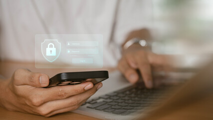 Fototapete - The concept of cyber security and online password login. hands typing and entering a social media username and password, log in online bank account or personal information, hacker for data protection