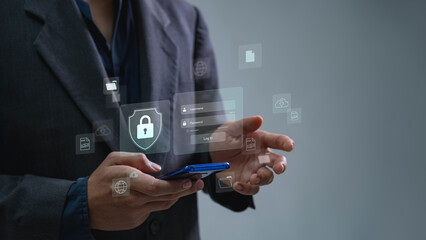 Fototapete - Data protection using cybersecurity and privacy concepts. The user is inputting personal password and username to protect private information data. encryption with a padlock icon
