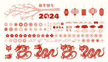 2024 Lunar New Year Collection, Dragon, Fireworks, Abstract Design Elements, Flowers, Clouds, Lanterns, Red On White. Chinese Text Happy New Year. Flat Vector Illustration. CNY Card, Banner Clipart