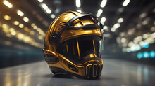 Gold Motorcycle Helmet With Bokeh Light Background