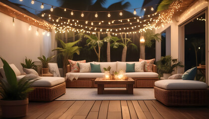 Wall Mural - A tropical-inspired outdoor patio with rattan furniture ai generation