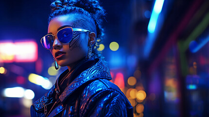 Wall Mural - Cyberpunk character portrait, neon-lit cityscape, reflective sunglasses, holographic tattoos, LED-lit undercut hairstyle