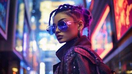 Wall Mural - Cyberpunk character portrait, neon-lit cityscape, reflective sunglasses, holographic tattoos, LED-lit undercut hairstyle