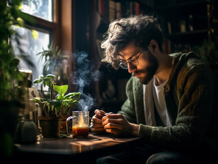 Wall Mural - Introspective Bohemian writer at a café, deep in thought