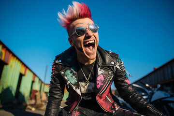 Wall Mural - Punk rock explosion, vibrant mohawk, studded leather jacket, graffitied skate park backdrop, candid laugh