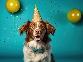 cute dog wearing party hat,