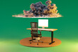 pc office workplace on infinite background with cloud over head; workload stress burnout concept; 3D Illustration