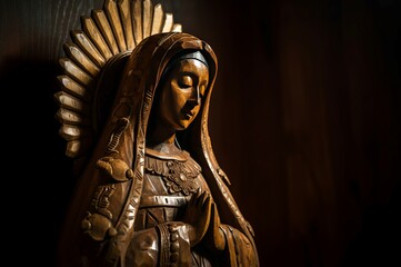 Wall Mural - Wooden figure of virgin Maria. Religious holy church female statue. Generate ai