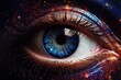 Macro shot of a human eye with a cosmic galaxy reflection. Concept of human imagination. Suitable for science fiction poster, banner, or print. Beautiful Universe