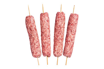 Wall Mural - Raw kofta or lula kebabs skewers on butcher board. Transparent background. Isolated.