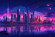 A glowing, neon-lit city skyline at night (Illustration, Drawing)