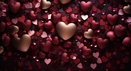 glitter hearts and hearts on red background,