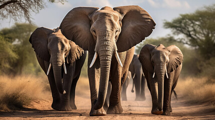 Wall Mural - award winning shot, portait of a group of adult african elephants walking towards the camera. Majestic portrait of African elephants, front view. Portrait of wildlife in the wilderness of Africa. Envi