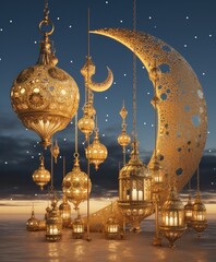 Canvas Print - golden moon with lanterns and moon,