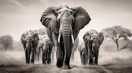 Wall Mural - award winning shot, portait of a group of adult african elephants walking towards the camera. Majestic portrait of African elephants, front view. Portrait of wildlife in the wilderness of Africa. Envi